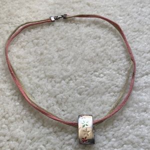 Green and Pink Leather Chain Necklace with Silver Flower Pendant